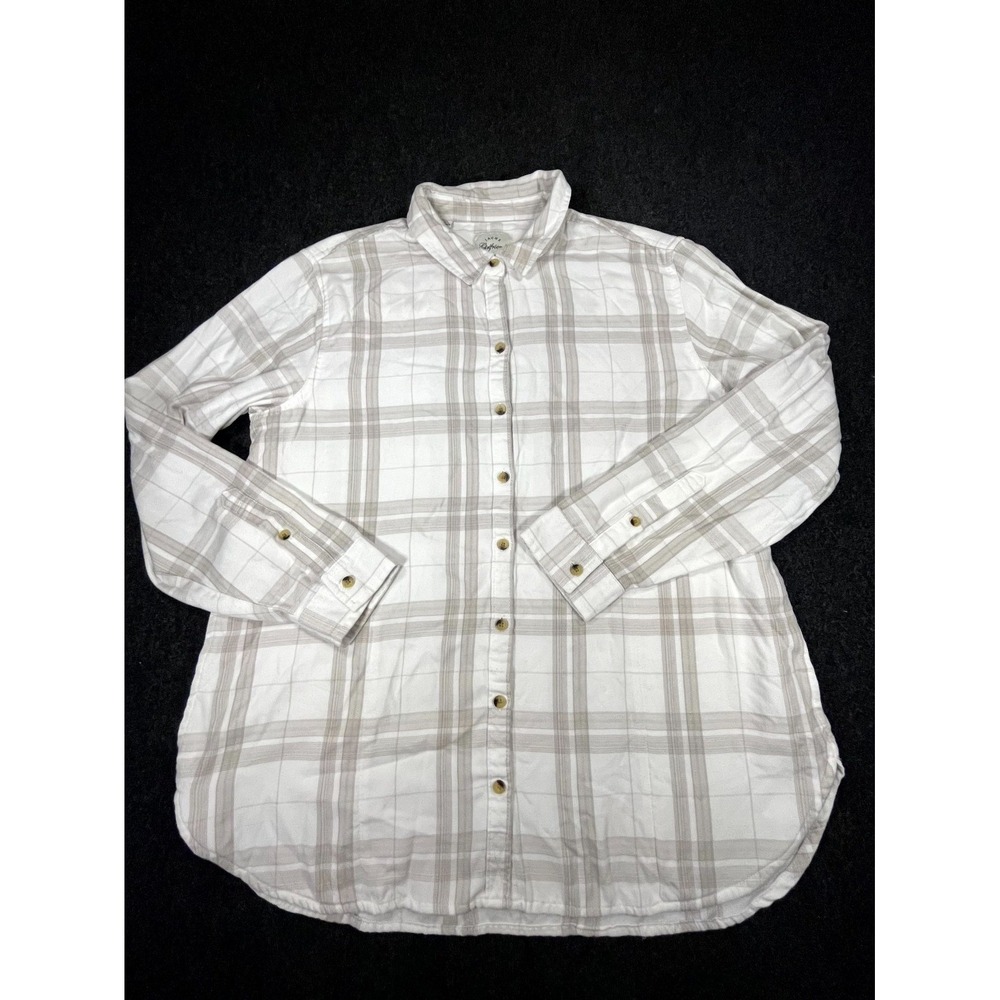 Jachs Girlfriend Flannel Shirt Womens XL White Gray Plaid Lightweight Button Up